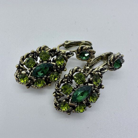 Weiss Maltese Cross Vintage Brooch Clip On Earrings Set Green Gold Toned Signed - Picture 7 of 12